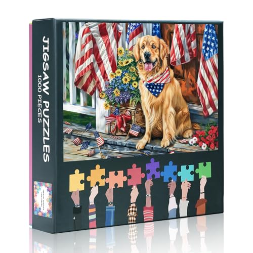 1000 Teile Puzzle für Erwachsene – Golden Retriever Hund mit amerikanischer Flagge & Blumen Kunst, patriotische Haustierliebhaber, herausfordernde Puzzles, Premium-Puzzlebrett – 69,5 x 50,6 cm 1000 Teile Puzzle für Erwachsene – Golden Retriever Hund mit amerikanischer Flagge & Blumen Kunst, patriotische Haustierliebhaber, herausfordernde Puzzles, Premium-Puzzlebrett – 69,5 x 50,6 cm von TISHIRON