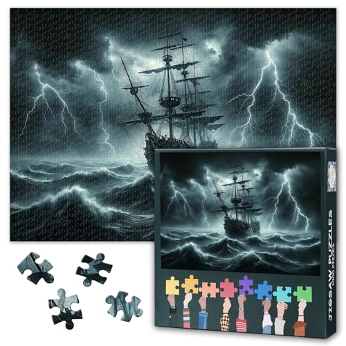 1000 Teile Puzzle für Erwachsene Großsegler in stürmischer See Dramatisches Gewitter Nautische Kunst Herausforderndes Puzzle Segelboot Abenteuer Ozean Wand Deko Geschenk 27,5x19,7 Zoll von TISHIRON