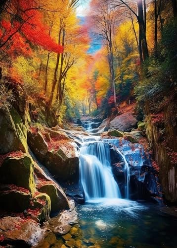1000 Teile Puzzle für Erwachsene - Herbstlicher Wald Wasserfall Landschaft mit Buntem Laub - Herausforderndes Naturmotiv Puzzle - Familienspiel Gesellschaftsspiel (70x50 cm) von TISHIRON