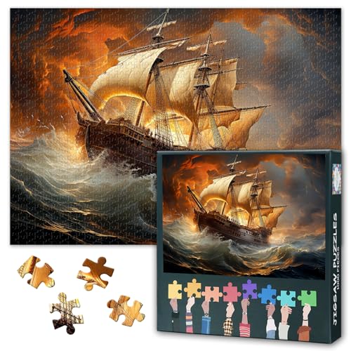 1000 Teile Puzzle für Erwachsene Holz Segelschiff in stürmischem Ozean bei Sonnenuntergang Nautische Kunst Vintage Seelandschaft Illustration Herausforderndes Puzzlespiel Wand Deko Geschenk von TISHIRON