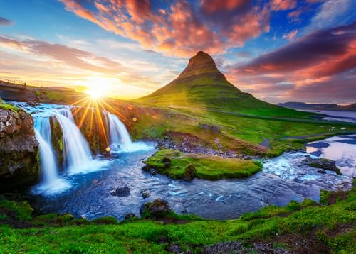1000 Teile Puzzle für Erwachsene - Island Landschaft mit Kirkjufellsfoss Wasserfall & Kirkjufell Berg im Sonnenaufgang - Naturmotiv Europäisches Reisekunstwerk (70x50 cm) von TISHIRON
