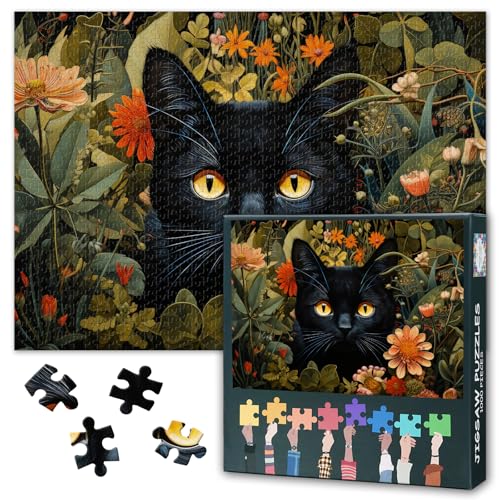 1000 Teile Puzzle für Erwachsene – Katze in üppigem Grün, Puzzle, botanische Katzenkunst, Erwachsenenpuzzle, 1000 Teile, Premium-Puzzlebrett mit Naturthema, 69,5 x 50,6 cm von TISHIRON