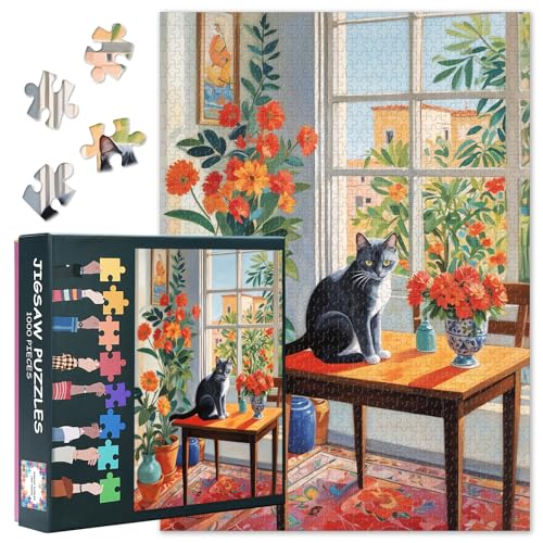 1000 Teile Puzzle für Erwachsene - Kuschelige Katze im Schaufenster auf einem Tisch sitzend, Premium Puzzle für Erwachsene, 50x70 cm 1000 Teile Puzzle für Erwachsene - Kuschelige Katze im Schaufenster auf einem Tisch sitzend, Premium Puzzle für Erwachsene, 50x70 cm von TISHIRON