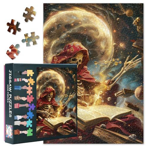 1000 Teile Puzzle für Erwachsene - Mystische Skelett-Hexe liest Buch im Weltraum, farbintensive Kunst, Premium Puzzles, Coolstes Puzzle(70x50 cm) von TISHIRON