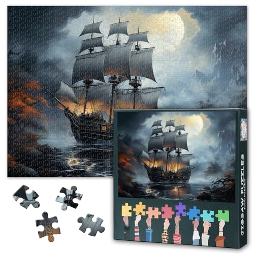 1000 Teile Puzzle für Erwachsene Piratenschiff auf See unter Vollmond Vintage Nautische Kunst Nacht Seelandschaft Herausforderndes Puzzlespiel Geschenk für Ozean Liebhaber Wohnung Wand Deko 1000 Teile Puzzle für Erwachsene Piratenschiff auf See unter Vollmond Vintage Nautische Kunst Nacht Seelandschaft Herausforderndes Puzzlespiel Geschenk für Ozean Liebhaber Wohnung Wand Deko von TISHIRON