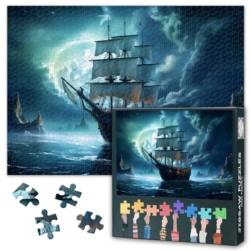 1000 Teile Puzzle für Erwachsene Piratenschiff segelt unter Vollmond Altes Vintage Expeditionsschiff Nacht Seelandschaft Ozean Abenteuer Ruhige Gewässer Herausforderndes Puzzlespiel Wohnung Deko von TISHIRON