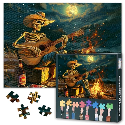 1000 Teile Puzzle für Erwachsene - Skelett spielt Gitarre am Lagerfeuer, lebendige Kunst, Premium Puzzle, Coolstes Erwachsenenpuzzle(70x50 cm) von TISHIRON