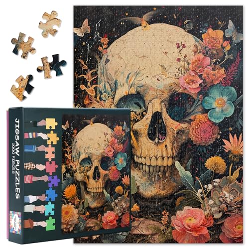 1000 Teile Puzzle für Erwachsene - Totenkopf mit Blumen, Gothic-Floralkunst, Dunkles Botanik-Design, Premium Erwachsenenpuzzle(70x50 cm) von TISHIRON