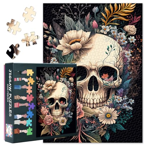 1000 Teile Puzzle für Erwachsene - Totenkopf mit floraler Kunst, lebendiges Design, Premium Puzzle-Board inklusive, Coolstes Erwachsenenpuzzle(70x50 cm) von TISHIRON