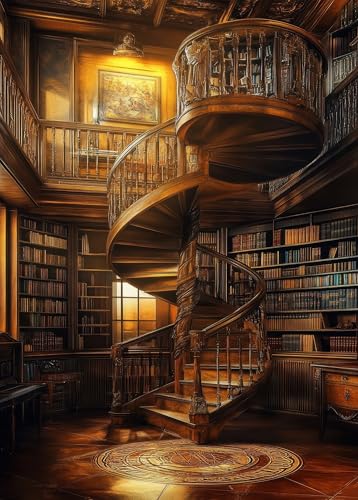 1000 Teile Puzzle für Erwachsene - Vintage Bibliothek mit Wendeltreppe, vollen Bücherregalen, antiker Uhr & Gemälde in warmem goldenem Licht - Gemütliche Lesezone Deko (70x50 cm) von TISHIRON