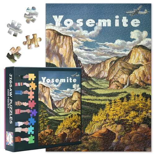 1000 Teile Puzzle für Erwachsene – Yosemite National Park Vintage United Airlines Reiseplakat Klassische Naturlandschaft Panorama-Bergblick Sammler-Kunstpuzzle (27,5x19,7 Zoll) von TISHIRON