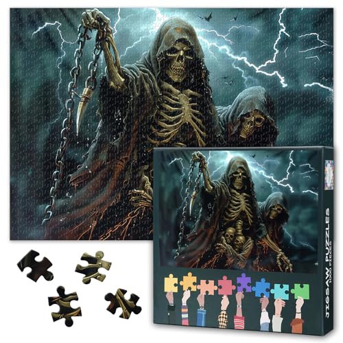 1000 Teile Puzzle für Erwachsene - Zwei Skelette: Dunkle Gothic-Kunst, unheimliches Skelett-Design, Premium Puzzle(70x50 cm) von TISHIRON