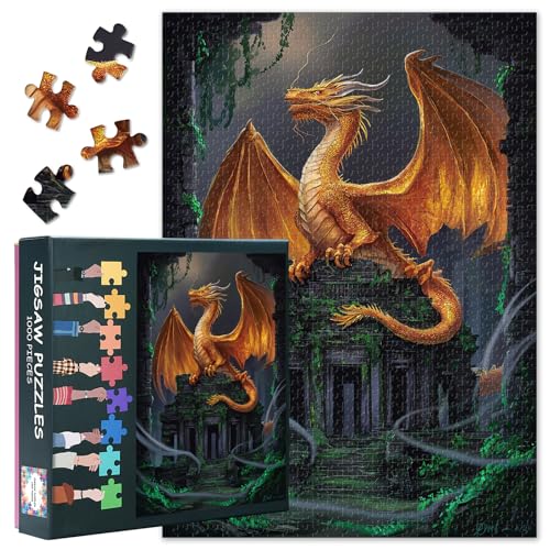 1000 Teile Puzzle für Erwachsene mit mystischem Motiv eines goldgeflügelten Drachen auf asiatischen Tempelruinen, Puzzle für Erwachsene 1000 Teile, 50x70cm 1000 Teile Puzzle für Erwachsene mit mystischem Motiv eines goldgeflügelten Drachen auf asiatischen Tempelruinen, Puzzle für Erwachsene 1000 Teile, 50x70cm von TISHIRON