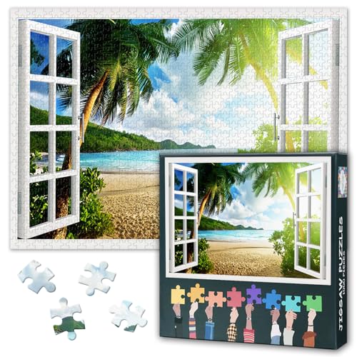 1000 Teile Puzzle für Erwachsene: 3D Fensterblick auf Strand & Sonnenuntergang (50x70cm) - Farbintensives Kunstwerk, Herausforderndes Motiv für Fortgeschrittene - Premium Wohndeko von TISHIRON