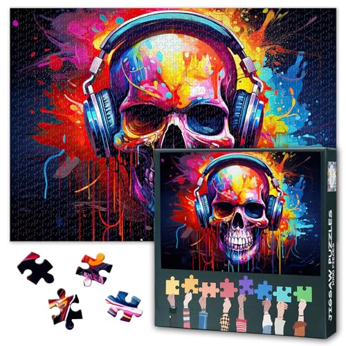 1000 Teile Puzzle für Erwachsene: Bunter Schädel mit Kopfhörer (50x70cm) - Ölgemälde-Stil, Vintage Design mit Details - Einzigartiges Geschenk für Gesellschaftsspiele von TISHIRON