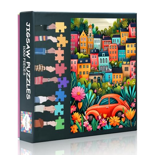 1000 Teile Puzzle für Erwachsene: Cartoon Auto im Blumen-Dorf (50x70cm) - Farbenfrohe Mythische Kunst, Sammlerstück für Wohndeko & Anspruchsvolle Geschenke von TISHIRON