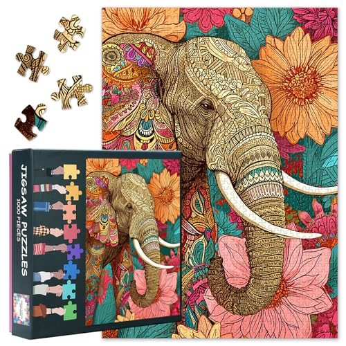 1000 Teile Puzzle für Erwachsene: Elefanten & Blumen (50x70cm) - Anspruchsvolles Tier-Puzzle, Herausforderndes Lernspiel für Familienspieleabende von TISHIRON