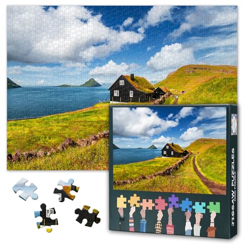 1000 Teile Puzzle für Erwachsene: Streymoy Island Grasdachhäuser (50x70cm) - Färöer Inseldorf Velbastadur, Herausforderndes Kulturerbe-Motiv von TISHIRON