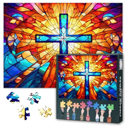 1000 Teile Puzzle: Abstraktes Buntglas-Kreuz (50x70cm) - Christliches Religionsmotiv in Moderner Kunst-Ausführung für Kenner von TISHIRON