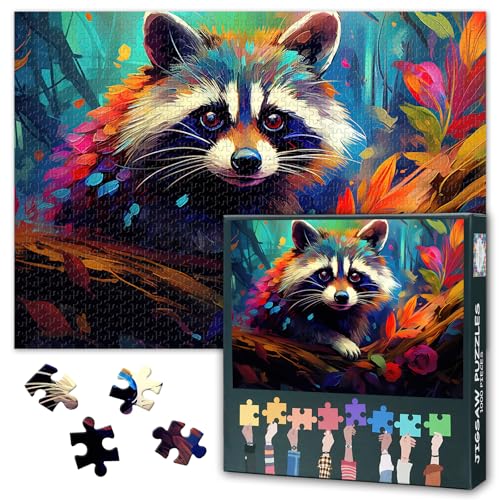 1000 Teile Puzzle: Baby-Waschbär in Farben (50x70cm) - Verspieltes Kunstwerk, Premium Wohndeko & Geschenk von TISHIRON
