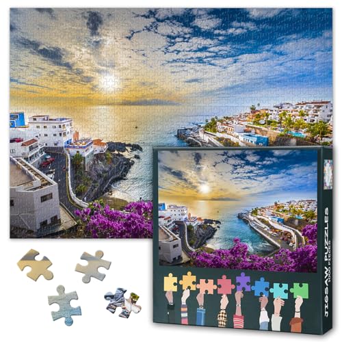 1000 Teile Puzzle: Europäische Küstenstadt bei Sonnenuntergang (50x70cm) - Malerisches Hafenmotiv, Ocean Art für Erwachsene von TISHIRON