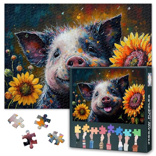 1000 Teile Puzzle: Ferkel im Frühlingsblumengarten (50x70cm) - Niedliches Tiermotiv, Gesellschaftsspiel für Familien von TISHIRON