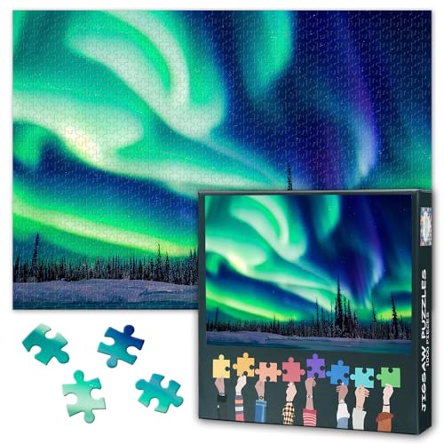 1000 Teile Puzzle: Grüne Nordlichter über Winterlandschaft (50x70cm) - Aurora Borealis Nachtmotiv, Schwieriges Puzzle für Erwachsene von TISHIRON
