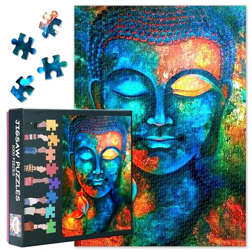 1000 Teile Puzzle: Indigo Blaue Buddha-Kopf mit Lotosblume (50x70cm) - Spirituelle Mythologische Kunst, Meditatives Sammlerstück für Wohndeko & Besondere Geschenke von TISHIRON
