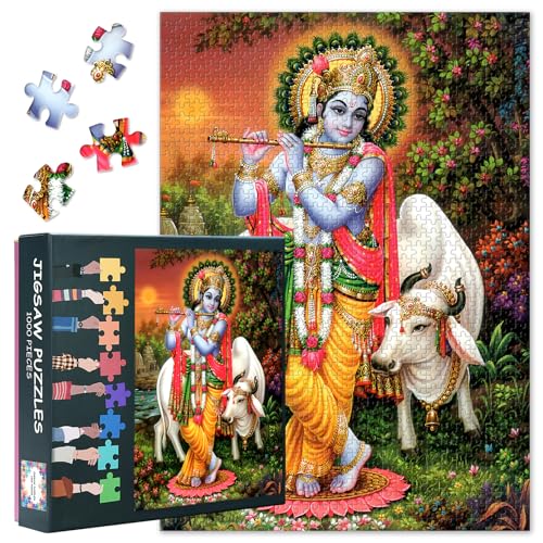1000 Teile Puzzle: Krishna mit Flöte & Kuh (50x70cm) - Religiöses Kulturmotiv, Anspruchsvolle Wanddekoration für Zuhause von TISHIRON