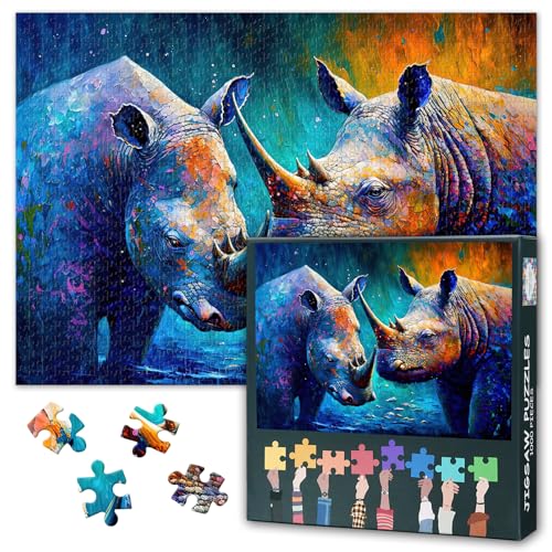 1000 Teile Puzzle: Nashorn in Ölfarbe-Stil (50x70cm) - Farbenfrohes Kunstwerk, Dekoratives Rätselspiel von TISHIRON