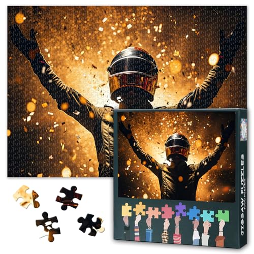 1000 Teile Puzzle: Rennfahrer feiert Sieg (50x70cm) - Motiv mit Helm & Uniform, Anspruchsvolle Rennsport-Kunst von TISHIRON