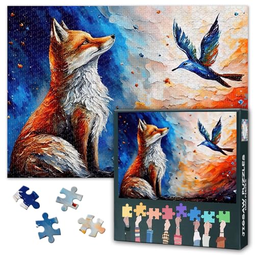 1000 Teile Puzzle: Rotfuchs mit Vogel (50x70cm) - Detailreiches Ölgemälde, Sammlermotiv & Geschenkidee von TISHIRON