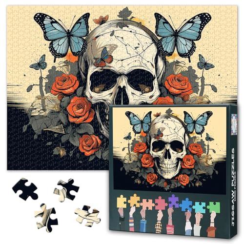 1000 Teile Puzzle: Schädel mit Schmetterlingen & Rosen (50x70cm) - Halloween Motiv, Kunstdruck als Sammeldekoration & Originelles Geschenk von TISHIRON