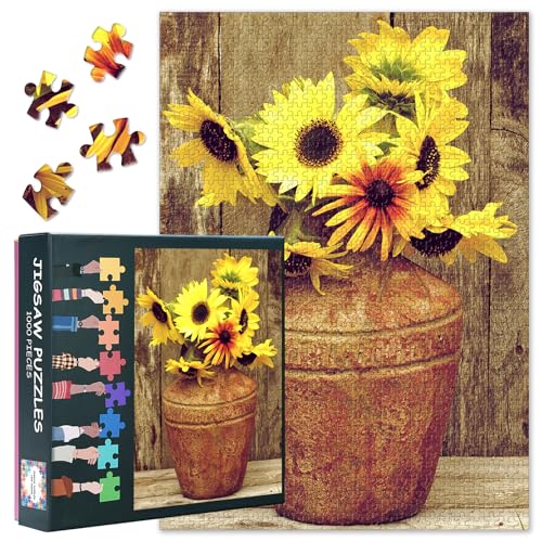 1000 Teile Puzzle: Sonnenblume in Vase (50x70cm) - Rustikales Vintage-Design, Achtsamkeitsspiel für Erwachsene - Detailreiches Kunstwerk für Gesellschaftsspiele & Premium Geschenk von TISHIRON
