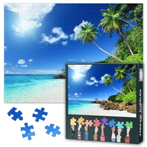 1000 Teile Puzzle: Strandlandschaft mit Kokospalmen (50x70cm) - Karibik-Feeling, Herausfordernde Wohndeko für Schlafzimmer von TISHIRON