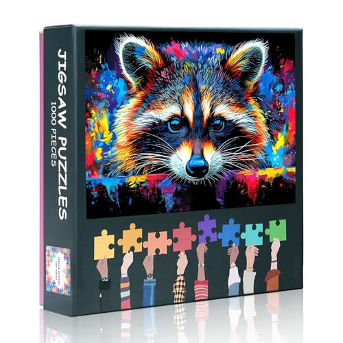 1000 Teile Puzzle: Waschbär Gesicht mit Farbspritzern (50x70cm) - Bunte Farbklecks-Detailkunst, Augenmerkliche Geschenkidee & Modernes Wohndeko-Puzzle von TISHIRON