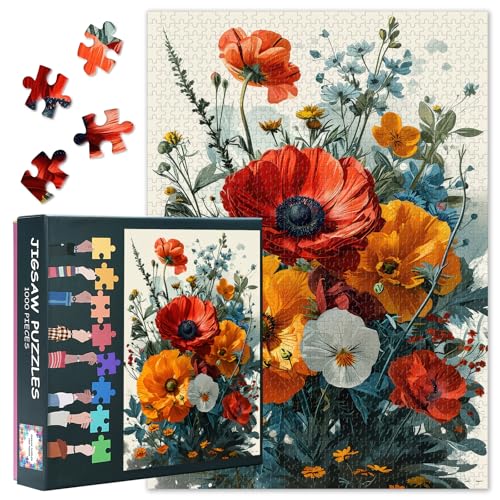 1000 Teile Puzzles für Erwachsene - Vintage-Blumenstrauß mit Mohnblumen & botanischer Kunst, Premium Puzzle Board, Anspruchsvolles Blumen Puzzle(70x50 cm) von TISHIRON
