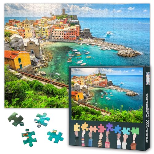 1000 Teile Reise-Puzzle für Erwachsene - Cinque Terre Sonnenaufgang, Manarola Küstengemälde, Premium Urlaubsmotiv mit Landschaftsbrett, 27,5x19,7 Zoll von TISHIRON