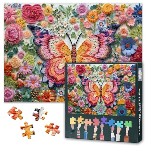 1000 Teile Schmetterling und Blumen Puzzle für Erwachsene, Stickerei von Schmetterling, herausforderndes Puzzle für Erwachsene, Kunstwerk, Dekor, Intelligenz-Puzzles für Familie, Indoor-Spiele, 69,8 x von TISHIRON