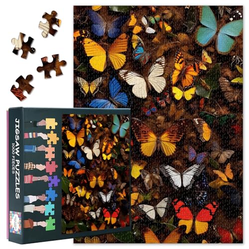 1000 Teile Schmetterlingspuzzle - Farbenfrohe Insektenkollektion Kunst mit Premium Puzzle Board, Naturmotiv Erwachsenenpuzzle, 70x50 cm von TISHIRON
