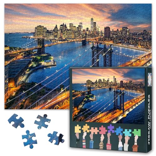1000 Teile Stadtpuzzle für Erwachsene - New Yorker Skyline bei Sonnenuntergang mit Brooklyn Bridge Kunst & Premium Puzzle Board, Urbanes Architekturpuzzle, 70x50 cm von TISHIRON