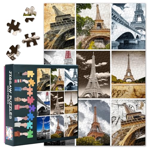 1000 Teile Vintage-Puzzle für Erwachsene - Eiffelturm Collage-Kunst, Retro Paris-Design, Romantisches Stadtpanorama mit Premium-Brett, 27,5x19,7 Zoll 1000 Teile Vintage-Puzzle für Erwachsene - Eiffelturm Collage-Kunst, Retro Paris-Design, Romantisches Stadtpanorama mit Premium-Brett, 27,5x19,7 Zoll von TISHIRON