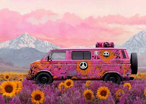 1000 Teiliges Puzzle, Pink Van 1000 Teile Puzzles für Erwachsene, 1000 Teile Puzzle für Erwachsene, Feld Gebirge Sonnenuntergang Reisen Familienaktivitätsspiele, fertige Größe 50 x 70 cm von TISHIRON