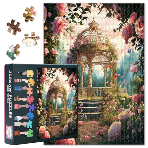 1000-teilige Puzzles für Erwachsene, wunderschöner romantischer Pavillon im Park mit Rosen-Puzzles, unmöglich schwierige Puzzles für Erwachsene, 50 x 70 cm von TISHIRON