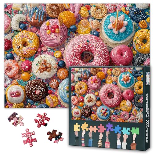 1000-teiliges Dessert-Puzzle für Erwachsene – bunte Donut- und Süßigkeiten-Kunst mit Premium-Puzzlebrett, herausfordernde Feinschmecker-Themenpuzzles für Erwachsene (70 x 50 cm) von TISHIRON