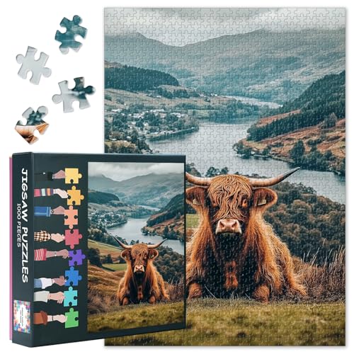 1000-teiliges Hochland-Kuh-Puzzle, lebendige Landschaft, rollende Hügel, Panorama, Bauernhof, Tierkunst, Premium-Papier-Puzzle, Wanddekoration, schottische Highland-Szene, 69 x 50 cm von TISHIRON
