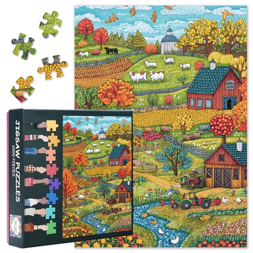 1000-teiliges Puzzle für Erwachsene, Herbstlandschaft mit roter Scheune, rollenden Hügeln und ruhigem Bach, Puzzles 1000 Teile für Erwachsene, gemütliche Herbstlandschaftskunst (69,8 x 50 cm) von TISHIRON