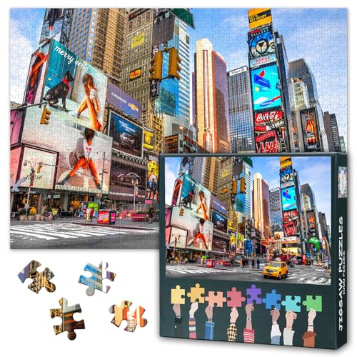1000-teiliges Puzzle für Erwachsene, NYC Times Square Neonlichter, Kunst – ikonisches Manhattan-Nachtstadtbild, lebendige Straßenszene, herausfordernde Wanddekoration, Puzzle, 70 x 50 cm von TISHIRON