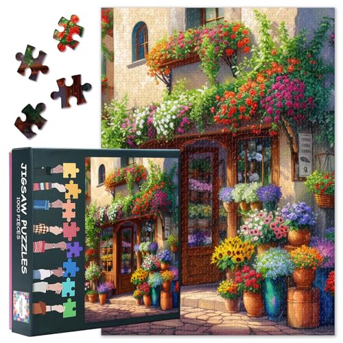 1000-teiliges Puzzle für Erwachsene, bezaubernde Blumenladenszene mit blühenden Blumensträußen und Topfpflanzen, 1000 Teile, botanische Kunst (69,8 x 50 cm) von TISHIRON