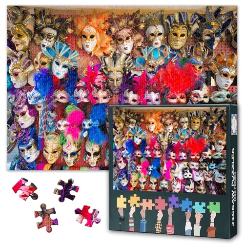 1000-teiliges Puzzle für Erwachsene, bunte venezianische Maske, Karneval, Maskerade, Kunst, italienisches Festival, Wanddekoration mit aufwendigen Designs, anspruchsvolles 69,5 x 59,7 cm Puzzle von TISHIRON